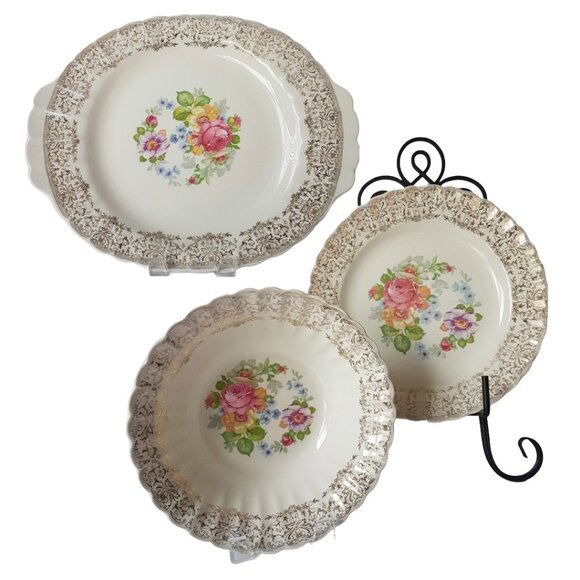 AMERICAN LIMOGES La MARR KS542 22K Gold Filigree Floral Platter & Bowl & Plate - Picture 1 of 16